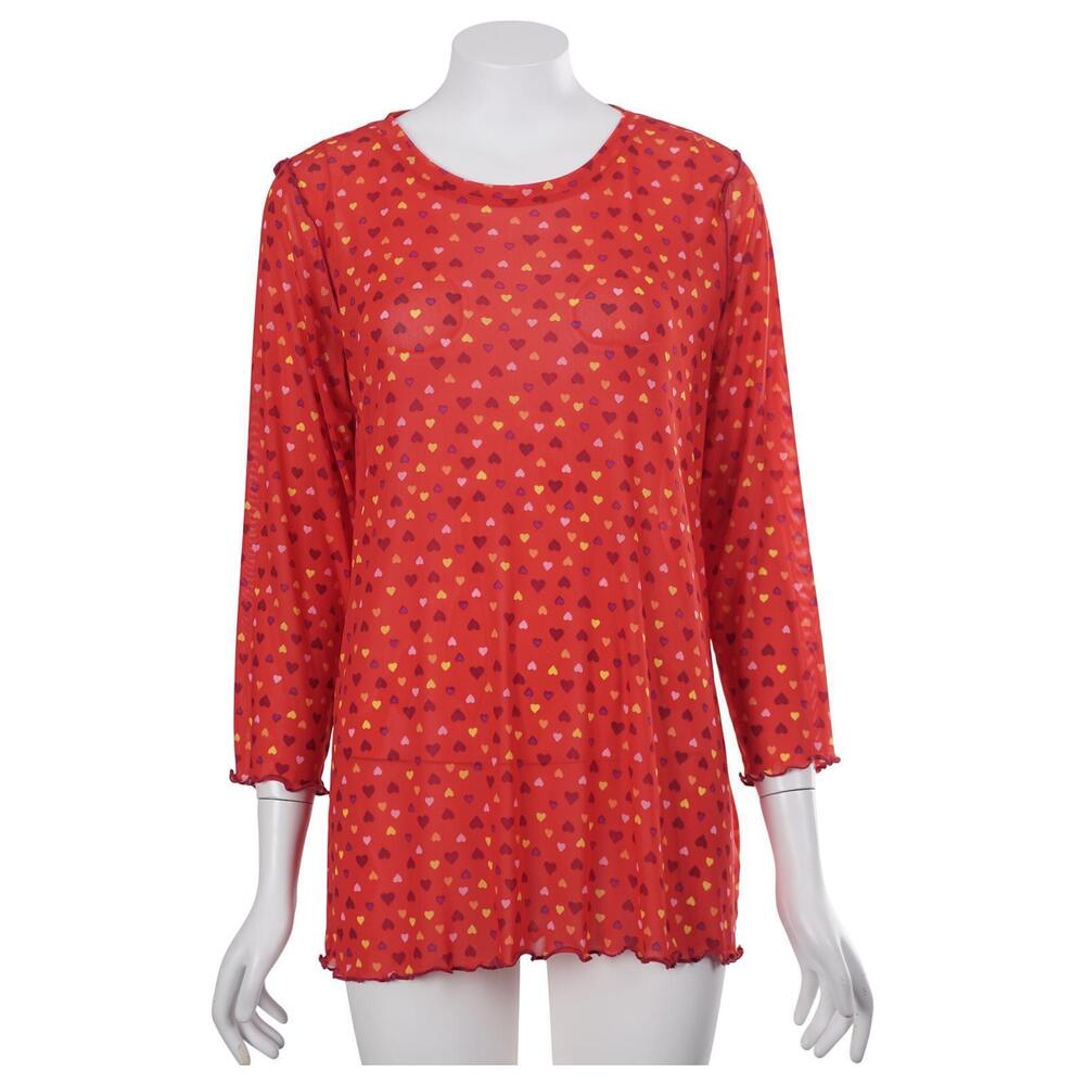 LOGO by Lori Goldstein Top S Red Heart Print Sheer Mesh 3/4 Sleeve Casual